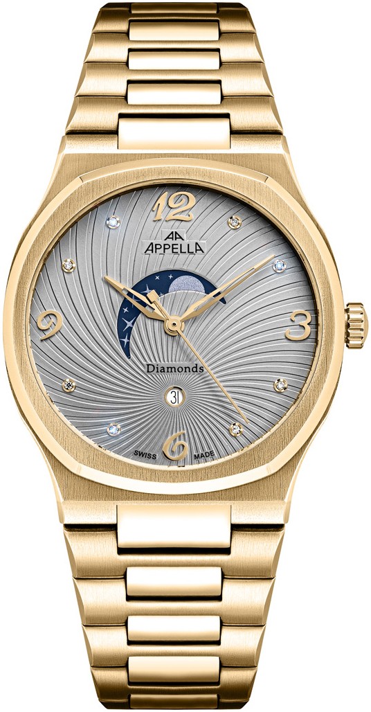 APPELLA  Женские швейцарские часы, кварцевый механизм с фазами Луны, сталь с покрытием, 36,5 мм