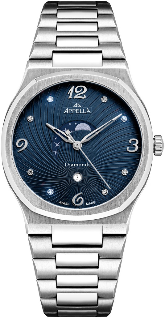 APPELLA  Женские швейцарские часы, кварцевый механизм с фазами Луны, сталь, 36,5 мм